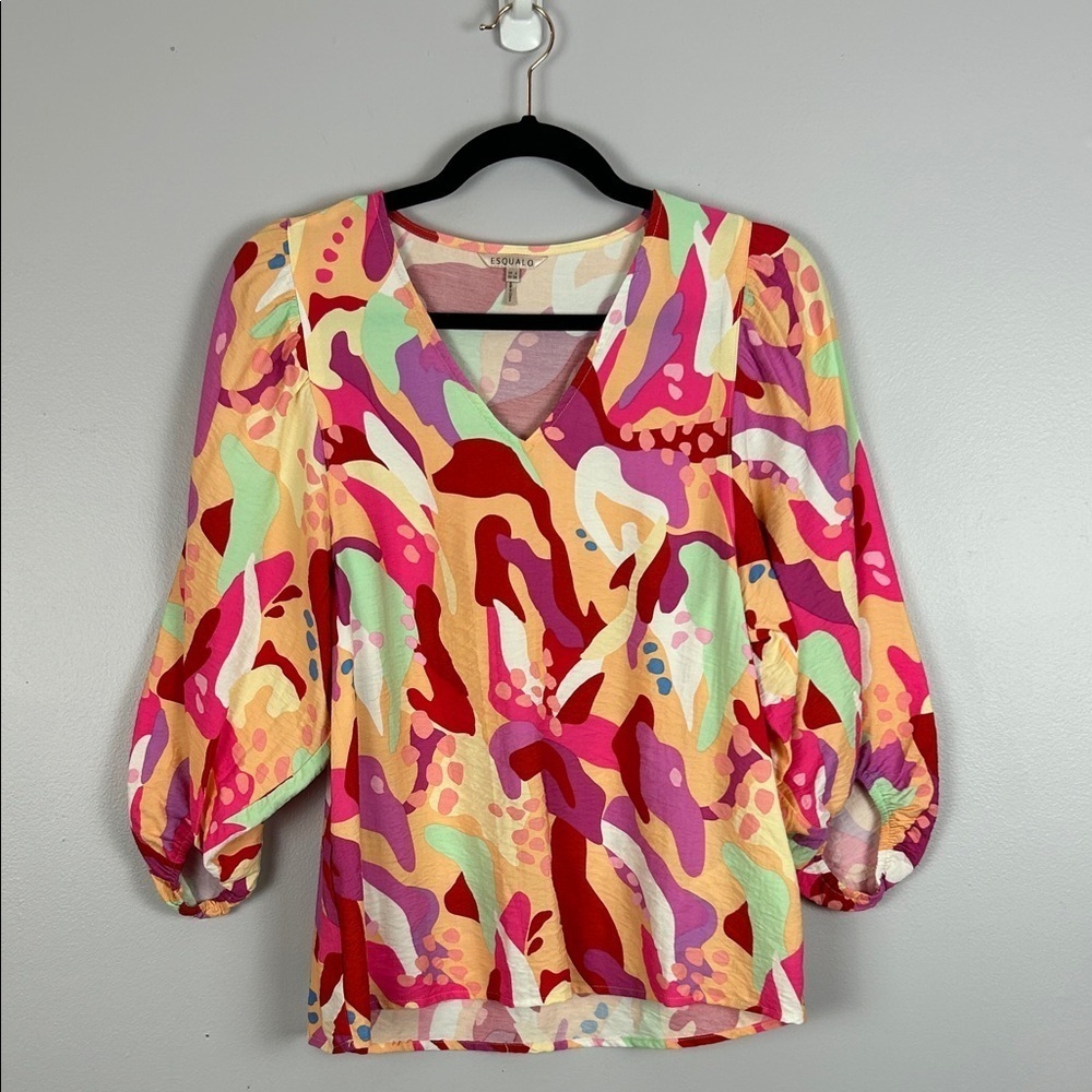 Esqualo Heat Wave Boho Retro Colourful Balloon Sleeve Blouse Size 4 Pink Orange - Picture 3 of 14